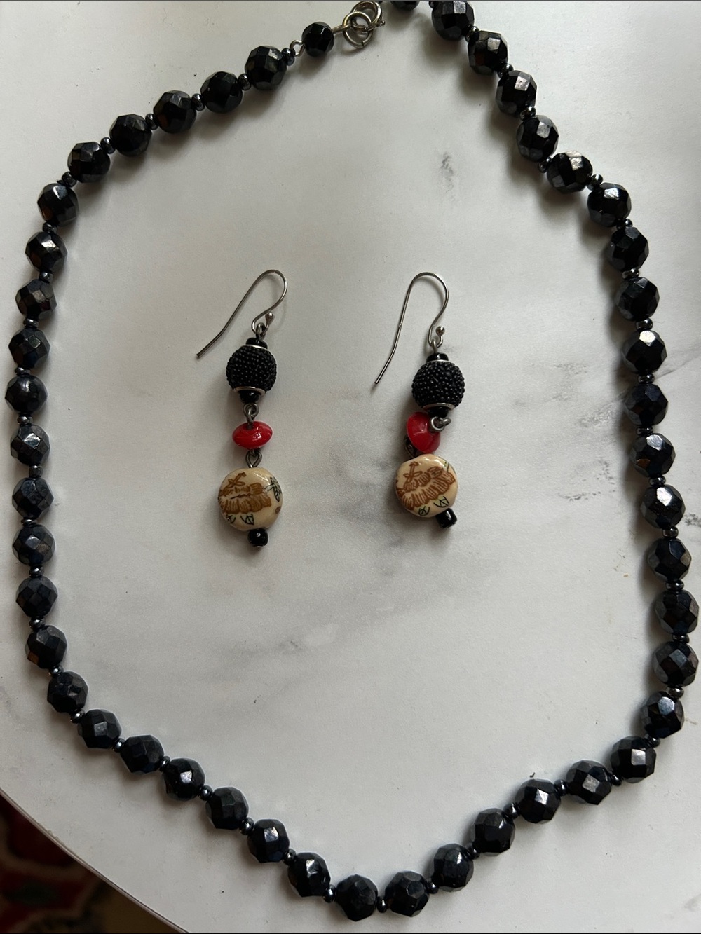Handmade Black and Red Beaded Dangle Earrings AND Black Bead Necklace